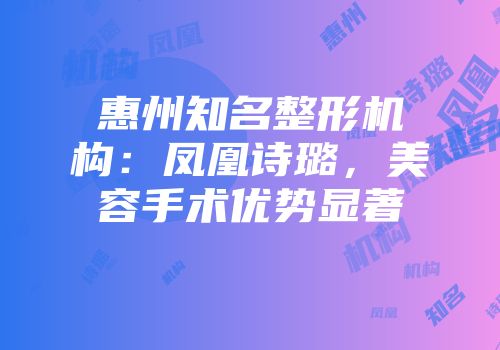 惠州知名整形机构：凤凰诗璐，美容手术优势显著