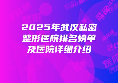 2025年武汉私密整形医院排名榜单及医院详细介绍