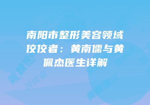 南阳市整形美容领域佼佼者：黄南儒与黄佩杰医生详解